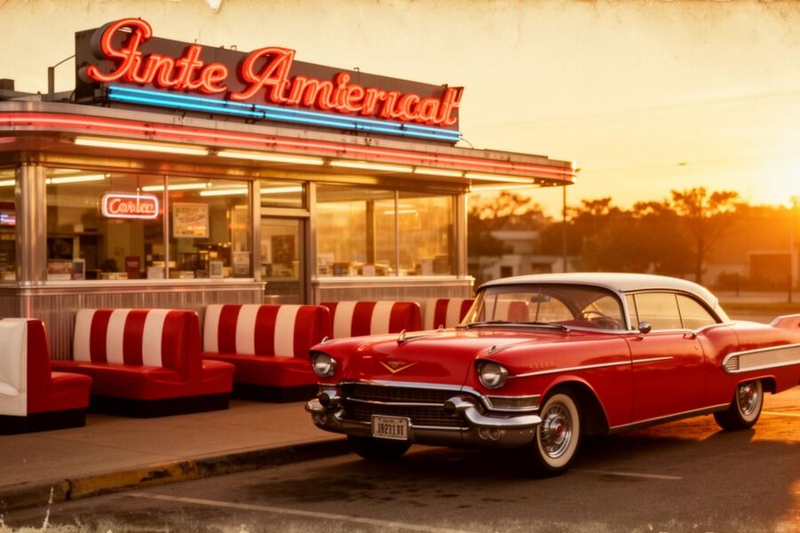 Vintage American diner with classic red Cadillac at sunset